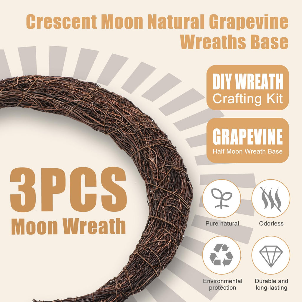 14 Inch Crescent Moon Wreath Base, Natural Grapevine Wreaths, 3 Pack