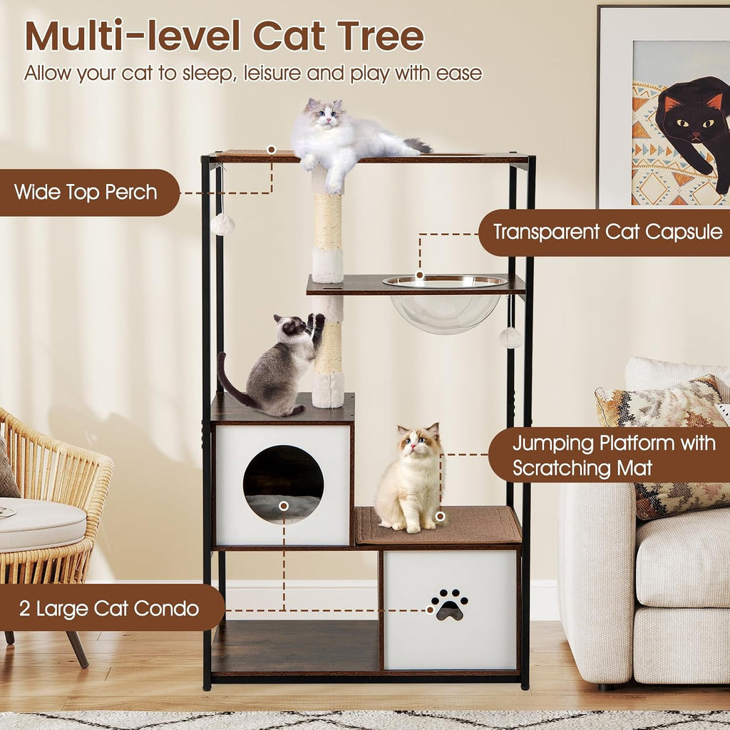 Modern Cat Tree, 52 Inch Multi-Level Cat Tower with Metal Frame, 2 Wooden Condos, Sisal Scratching Posts, Detachable