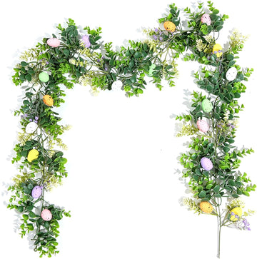 6FT Easter Garland with Muticolor Eggs and Greenery Leaves-Farmhouse Artificial Spring Vine Centerpiece - Set of 6