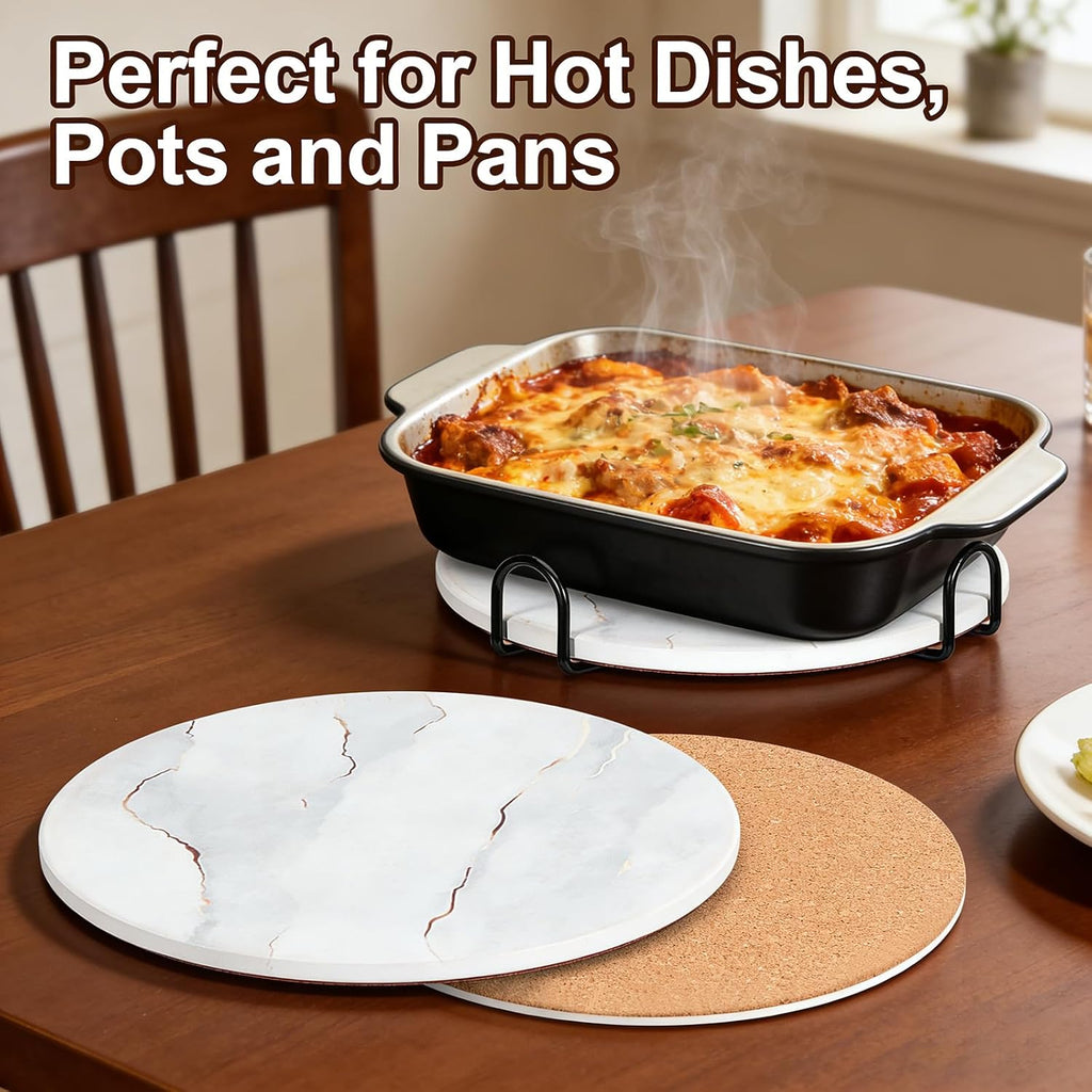 3-PCS 7 Inch Ceramic Marble Style Trivets for Hot Dishes, Absorbent Heat Resistant Hot Pads with Cork Bottom - Set of 3