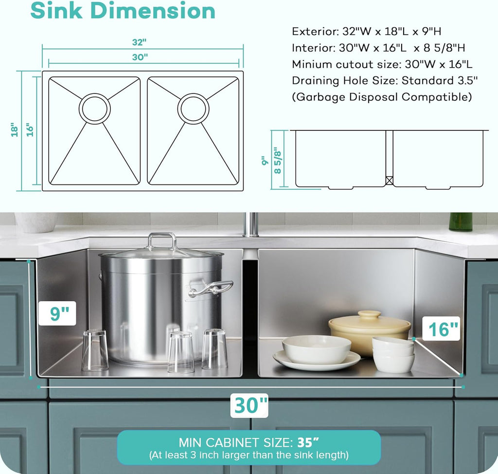 32 Inch Stainless Steel Double Sink,50/50 Undermount Double Sink | 16-Gauge T304 Double Bowl Kitchen Sink 32''x18'',9
