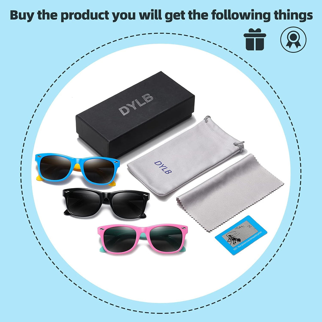 Kids Polarized Sunglasses for girls boys 3 Pack, Flexible TPEE Rubber Frame for Children .