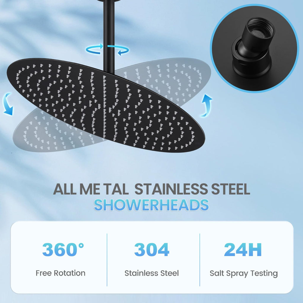 16 inch Matte Black Round Ceiling Rainfall Shower Head, All Metal Stainless Steel 304, Full Body Rainfall Shower with