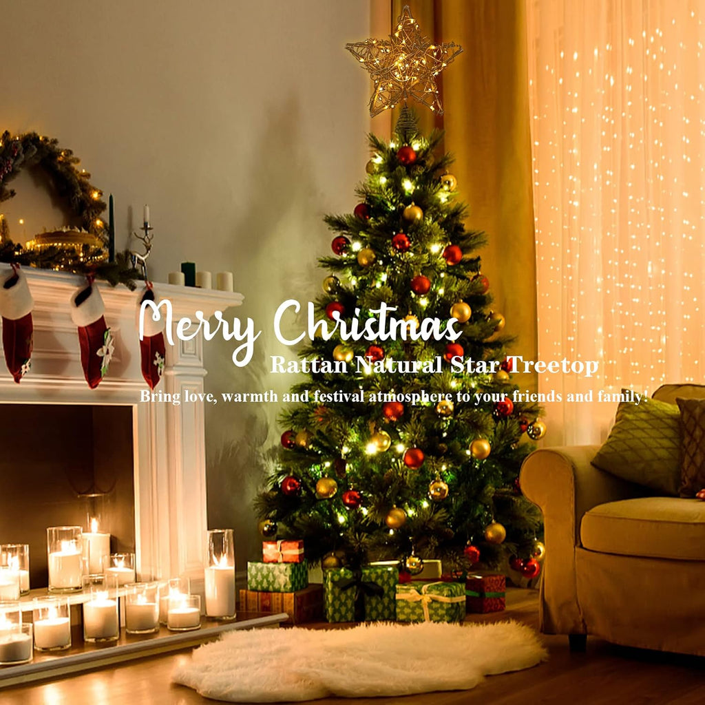 Rattan Natural Star Christmas Tree Topper - Rustic Farmhouse Xmas Treetop with 50 Warm LED Lights Christmas Tree