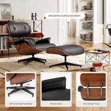 Modern Reclining Swivel Lounge Chair and Ottoman — Black Leather