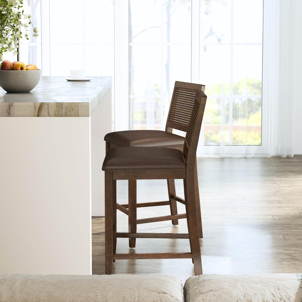 26" Rattan Bar Stools Set of 6, Farmhouse Faux Leather Upholstered Counter Height Stools with Cane Woven Back