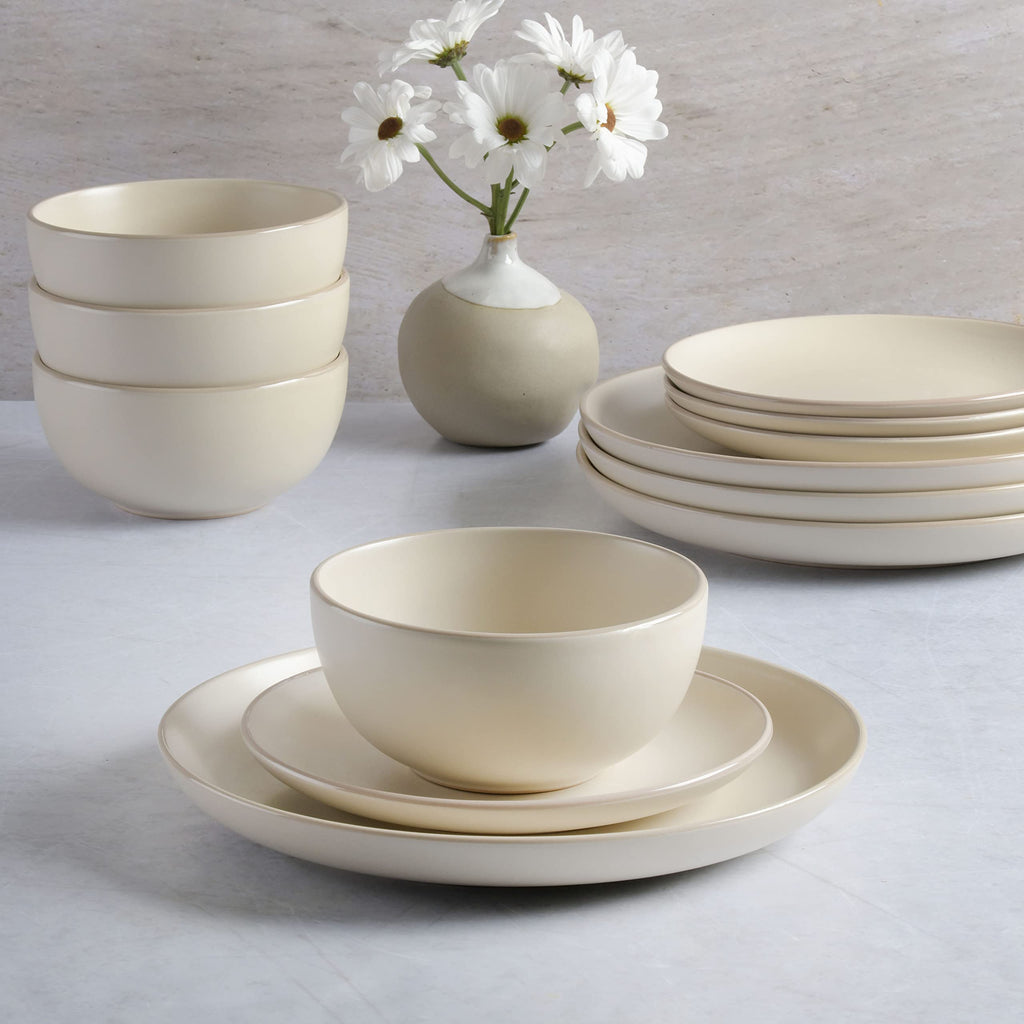 Rockaway 12-Piece Round Stoneware Dinnerware Set, Service for 4 - Cream Plates and Bowls, Modern Matte Finish