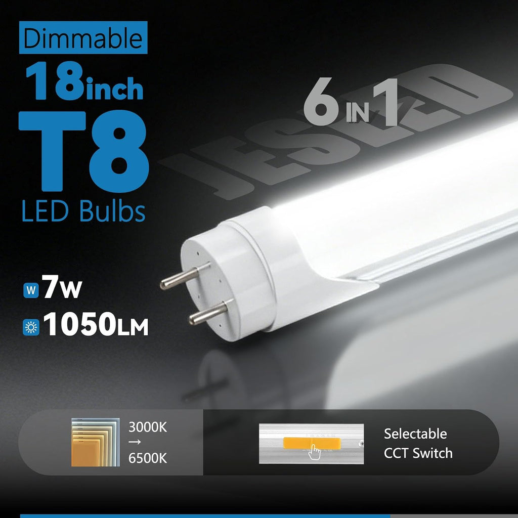 T8 LED Tube Light 18 Inch, F15T8 LED Replacement Bulb, 7W 1050LM, Selectable 6CCT (3000K-6500K), Type A+B, Single or