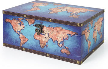 Small Wooden Organizer Storage Box, 11''L Decorative Blue Map
