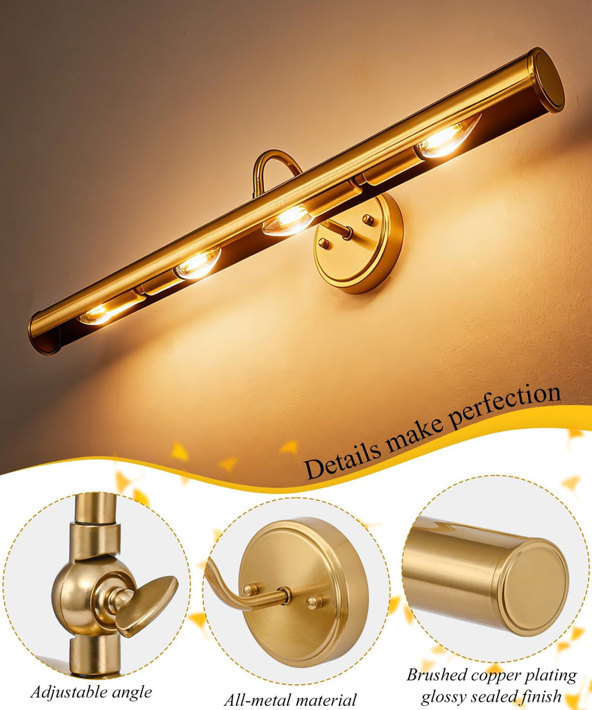 Hardwired Picture Lights for Wall,28 Inch Brass Vintage Picture Sconce,E12 Base,330° Rotatable,4-Light Gallery Art