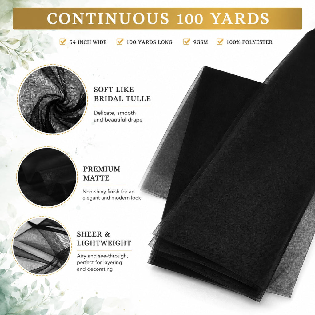 Tulle Fabric Rolls Bulk 54 Inch by 100 Yards (300 Ft), Black