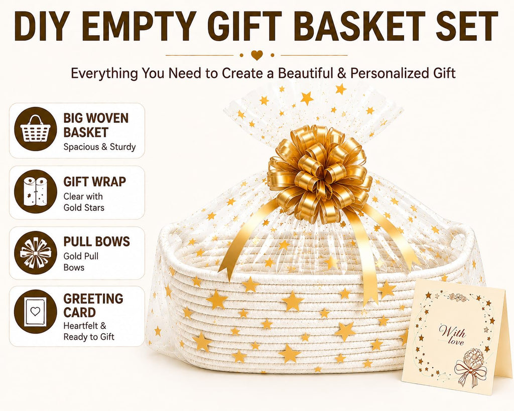 Large Empty Gift Basket Set - Includes Big Woven Basket, Gift Wrap, Confetti & Greeting Card, Ideal for Bridal