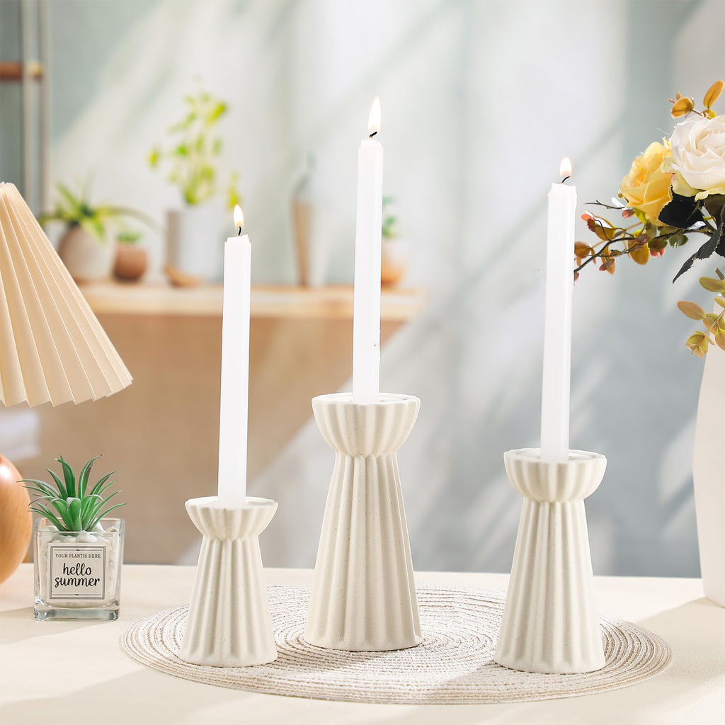 Set of 3 Ceramic Taper Candle Holder Cream White, Matte Fluted