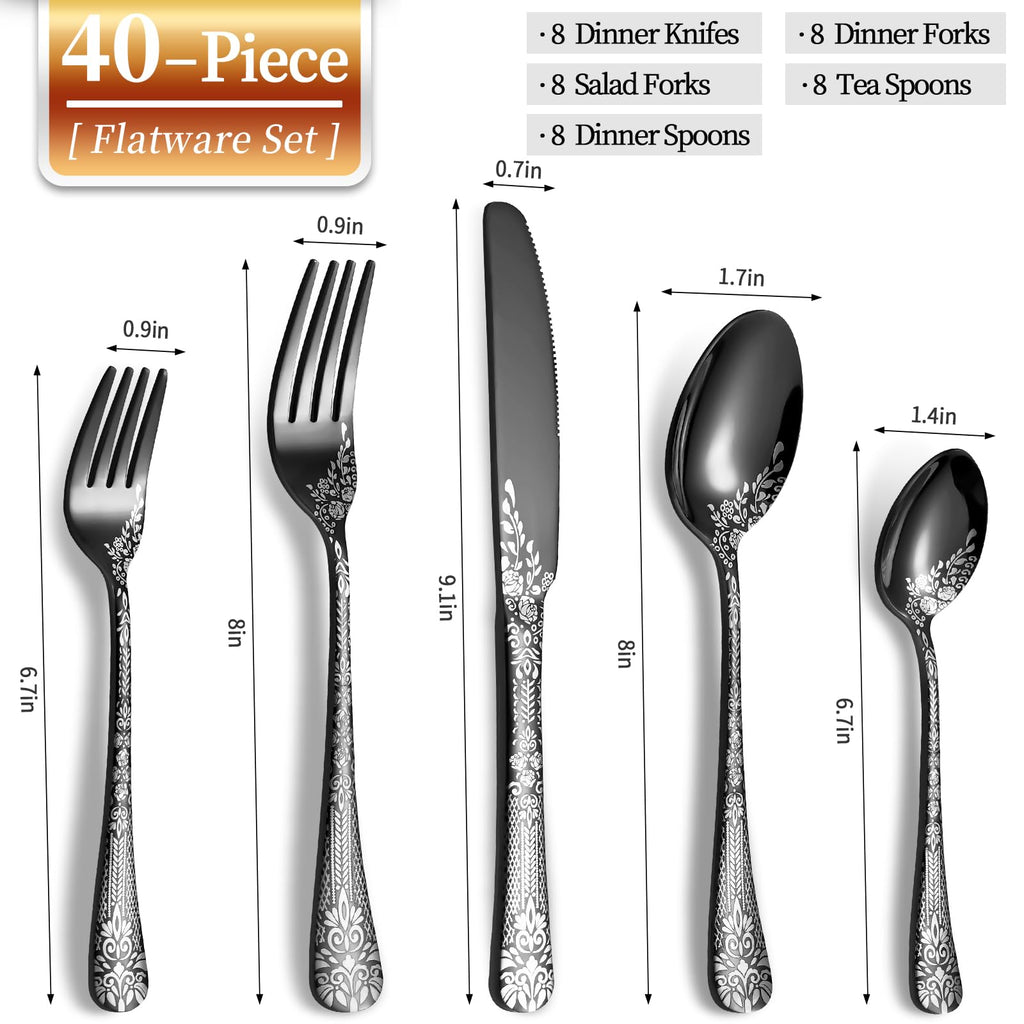 40 Piece Black Silverware Set, Stainless Steel Flatware Cutlery Set Service for 8, Mirror Polished Tableware Eating