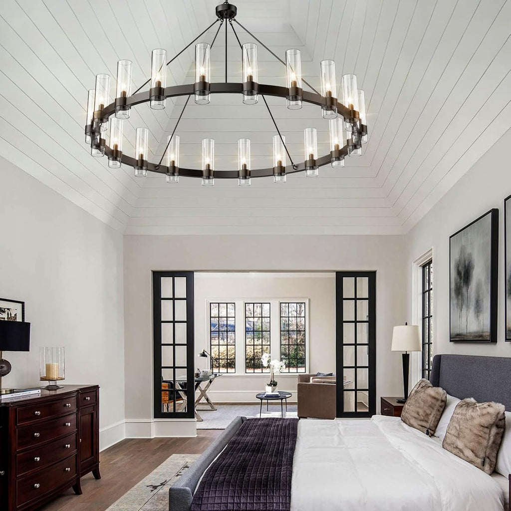 Inspired Ravelle Style 60 Inch Black Wagon Wheel Chandelier with Glass Shade, 20 Lights, Modern Farmhouse Style, Ideal for Dining Room, Kitchen, Entryways