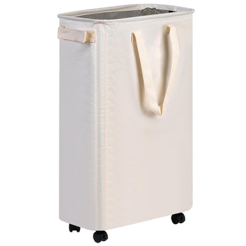 Slim Laundry Hamper with Wheels, Rolling Laundry Basket for Clothes, Small Laundry Basket and Laundry Room, 60L Beige