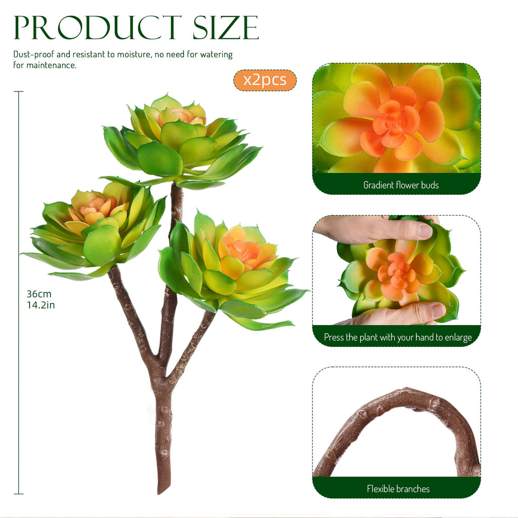 2 Pcs Large Artificial Succulent Plants, 14.2-Inch Green Orange Rounded Rosettes, 3 Heads Each, UV-Resistant Unpotted