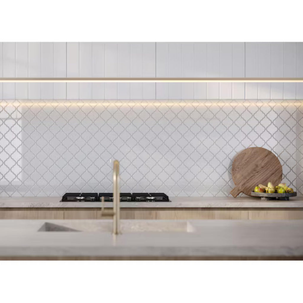 Crystal Glow Glossy White Arabesque Porcelain Mosaic Tile 12x13 in Backsplash Bathroom Wall Shower Fireplace Accent