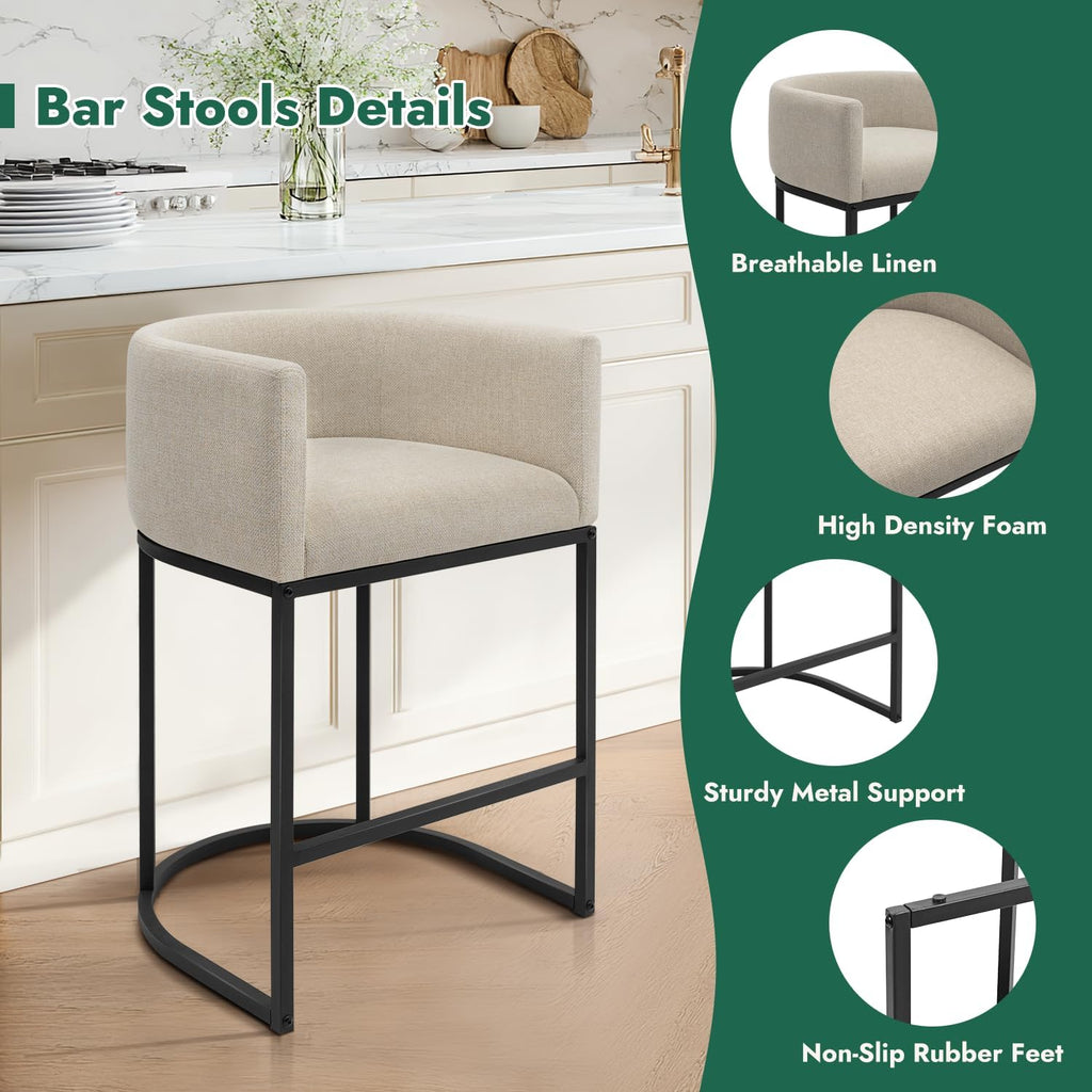 Counter Height Bar Stools Set of 2, 24 Inch Seat Height Barstools, Fabric Upholstered Bar Chair Island, Linen Counter