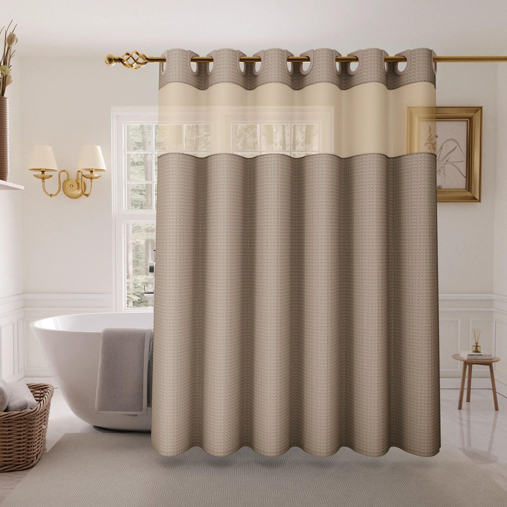 No Hook Shower Curtain with Snap-in Fabric Liner, Waffle Weave 230 GSM Polyester, Weighted Hem, Water Repellent