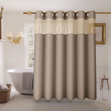 No Hook Shower Curtain with Snap-in Fabric Liner, Waffle Weave 230 GSM Polyester, Weighted Hem, Water Repellent