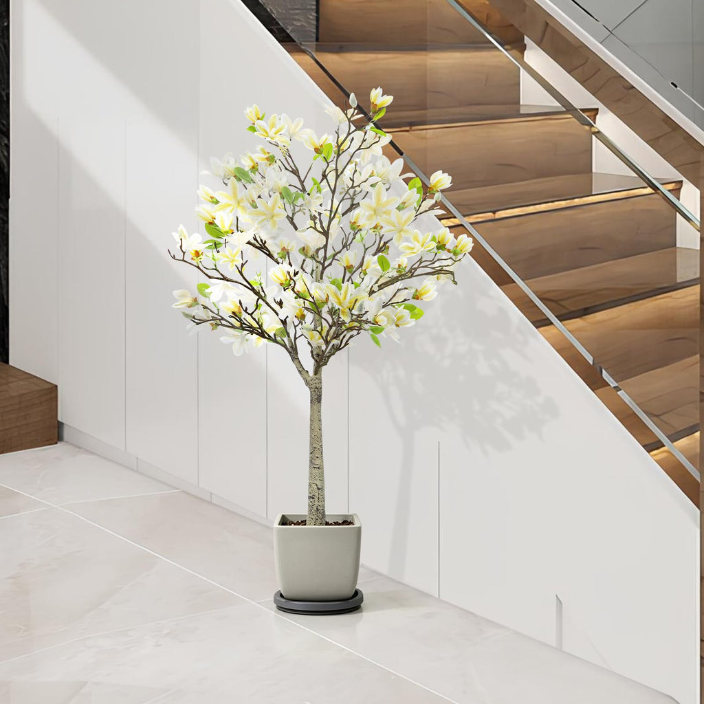 4FT Faux Magnolia Tree in Black Pot, White Artificial Plant, Room