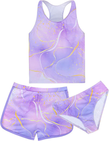 Girls Tankini Swimsuit 3 Piece Bathing Suit Set Cute Bikini Swimwear with Shorts Summer UPF 50+ Racerback Kids Swim