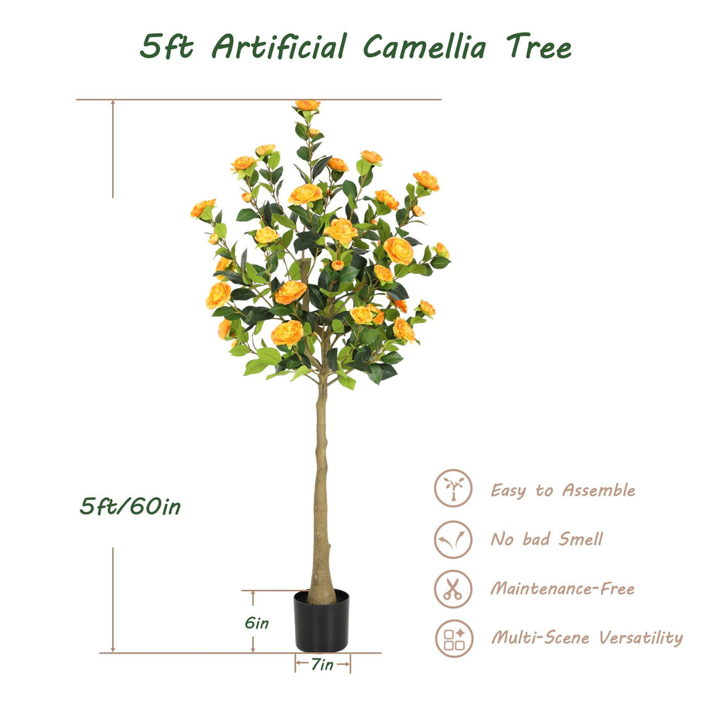 5ft Artificial Camellia Tree with Silk Orange Flowers, 60in Faux Camellia Plant with Lifelike Trunk, Fake Flower Tree