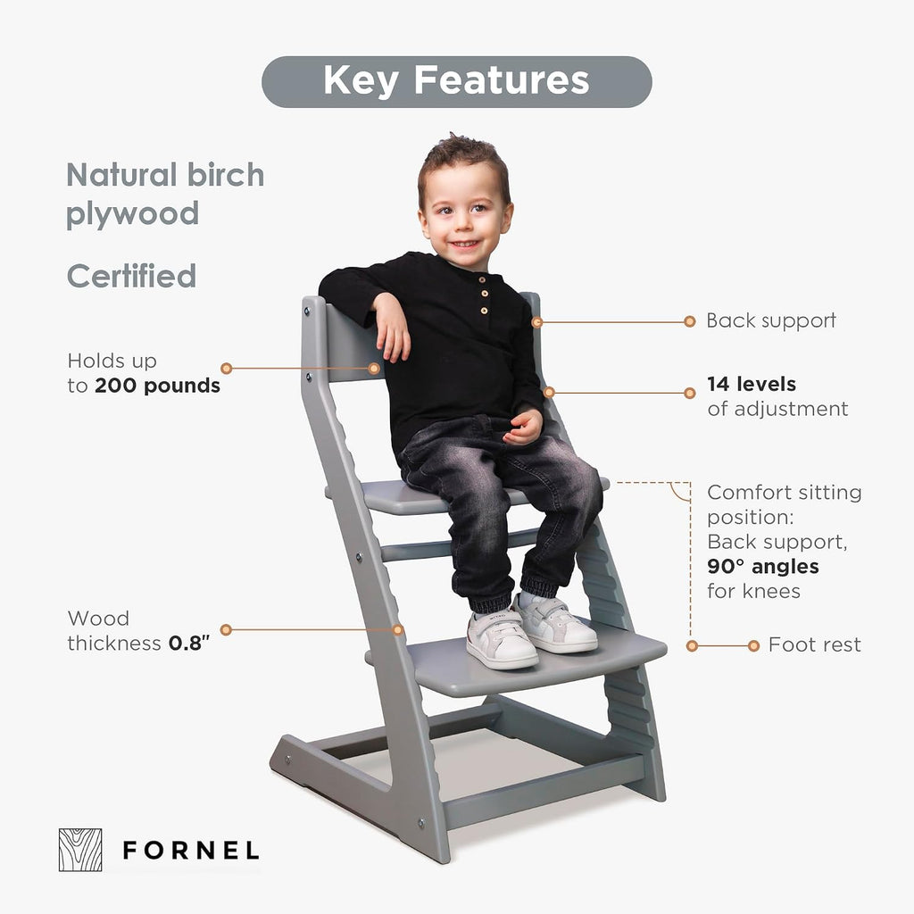 Grey Wooden High Chair for Toddlers | The Grow-with-Me Adjustable Chair for Modern Farmhouse & Scandinavian Kitchens