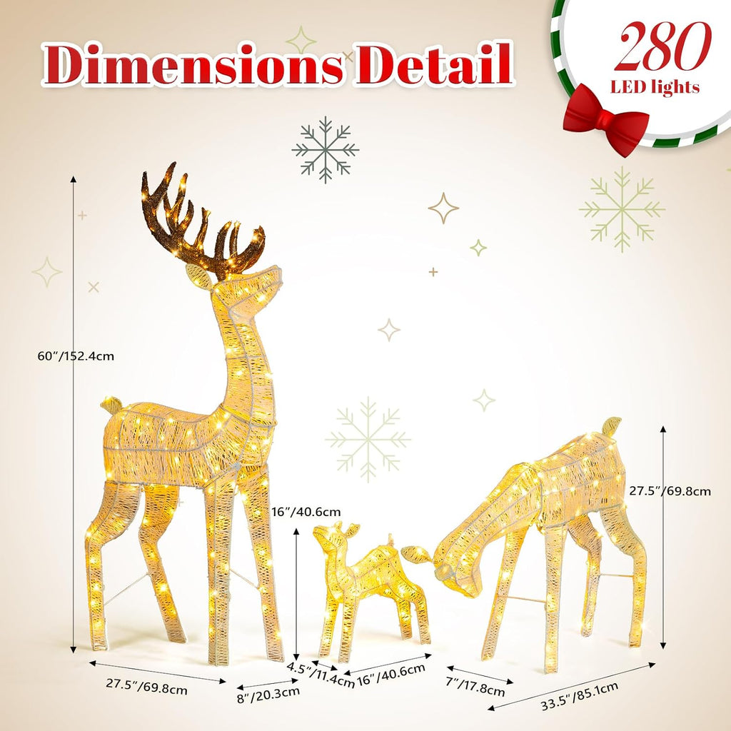 3-Piece Lighted Christmas Golden Reindeer Family Set, 5FT White Buck Doe Fawn Outdoor Decorations, Weatherproof Deer
