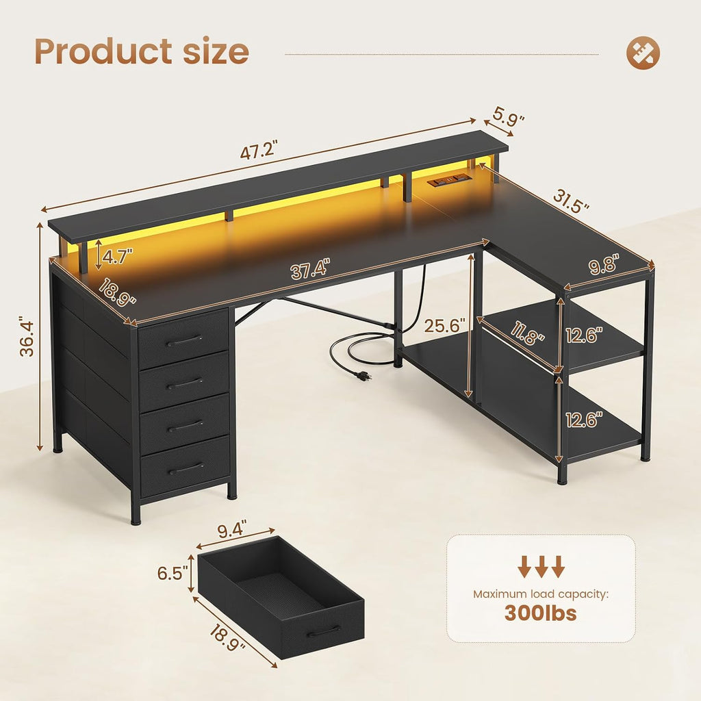 L Shaped Gaming Desk with 4 Drawers, Shelves, Power Outlets, Black | L Shaped Desk with LED Lights , Computer Desk