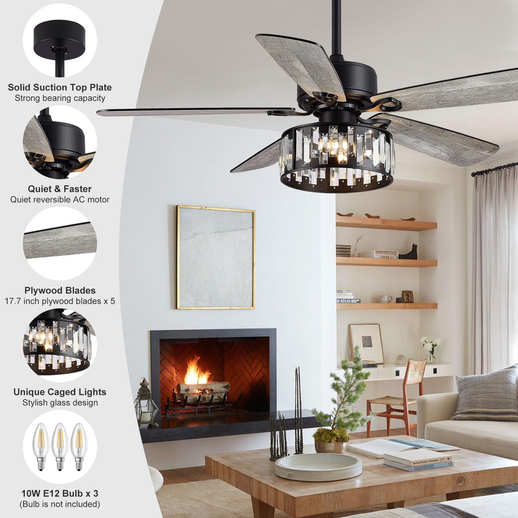 52" Black Ceiling Fan with Light Remote Control, 5 Reversible Blade Farmhouse Ceiling Fan Bedroom