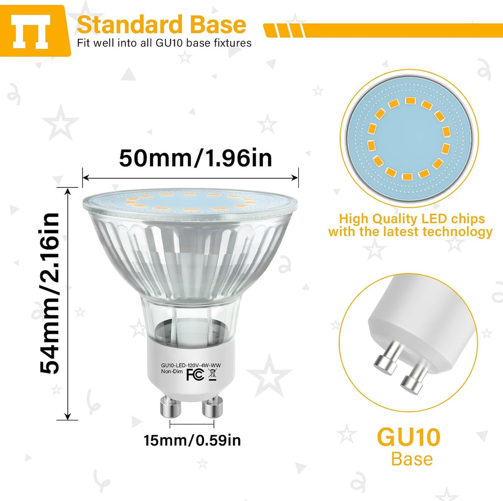 GU10 LED Light Bulbs, 50 Watt Halogen Equivalent, 2700K Warm White GU10 Bulb Replacement for Track&Recessed Lighting