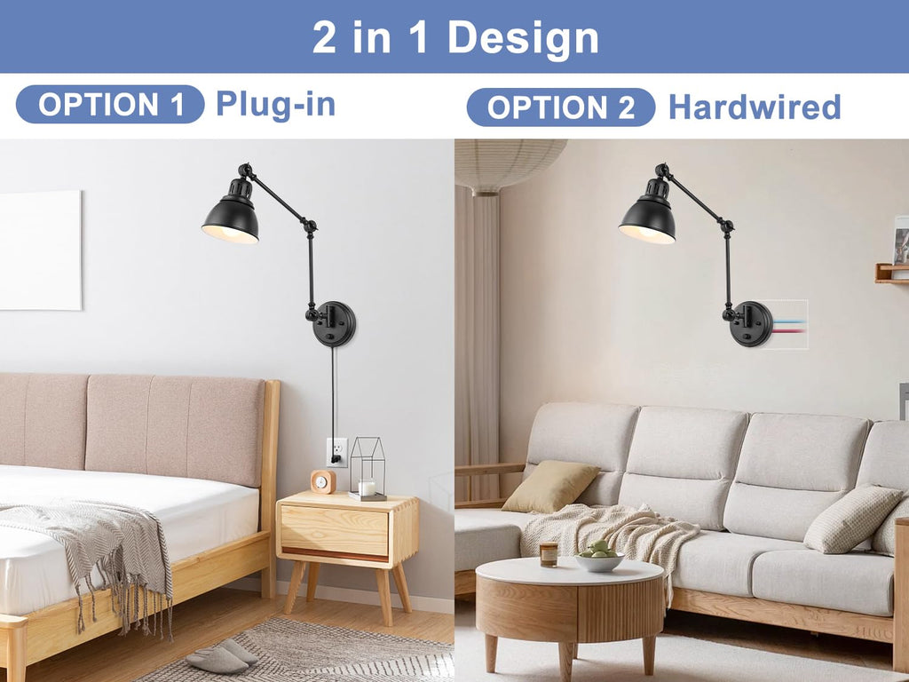 Plug in Wall Sconce, Dimmable On Off Switch, Swing Arm Wall Lamp, Black Metal Industrial, Plug in Wall Light