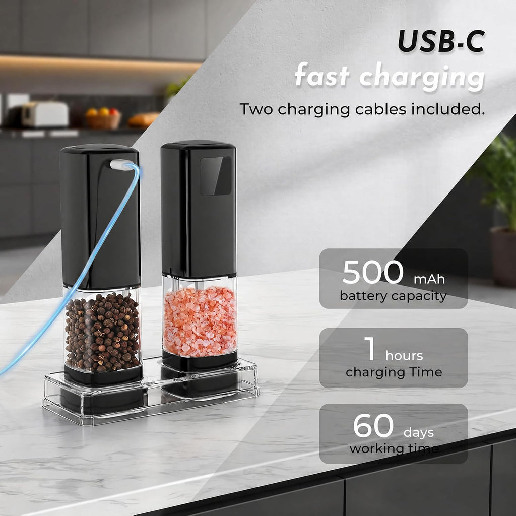 Electric Salt and Pepper Grinder Set,Automatic Pepper Mill Shakers,2 Pack - Set of 2
