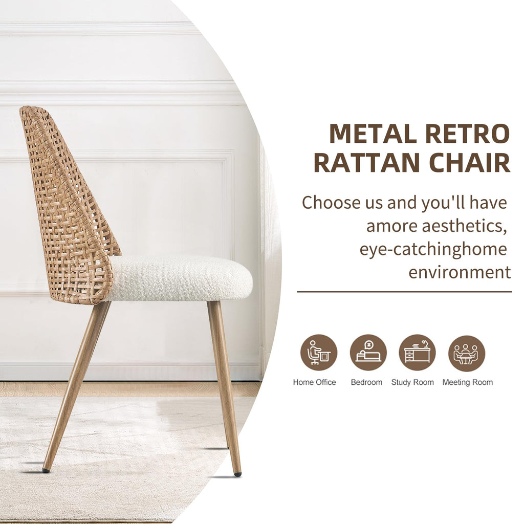 Rattan Dining Chairs Set of 4, Wicker Dining Chairs, Cane Back Dining Chairs with Woven PE Rattan Backrest and Boucle