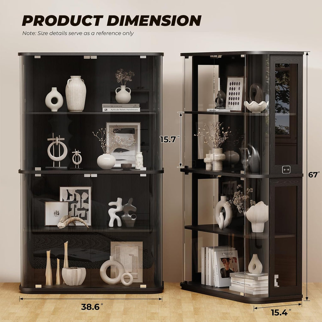 Large Rounded Display Cabinet with Glass Door & Lights, Black | 4-Tier Curio Cabinet with 3 Color Lights for