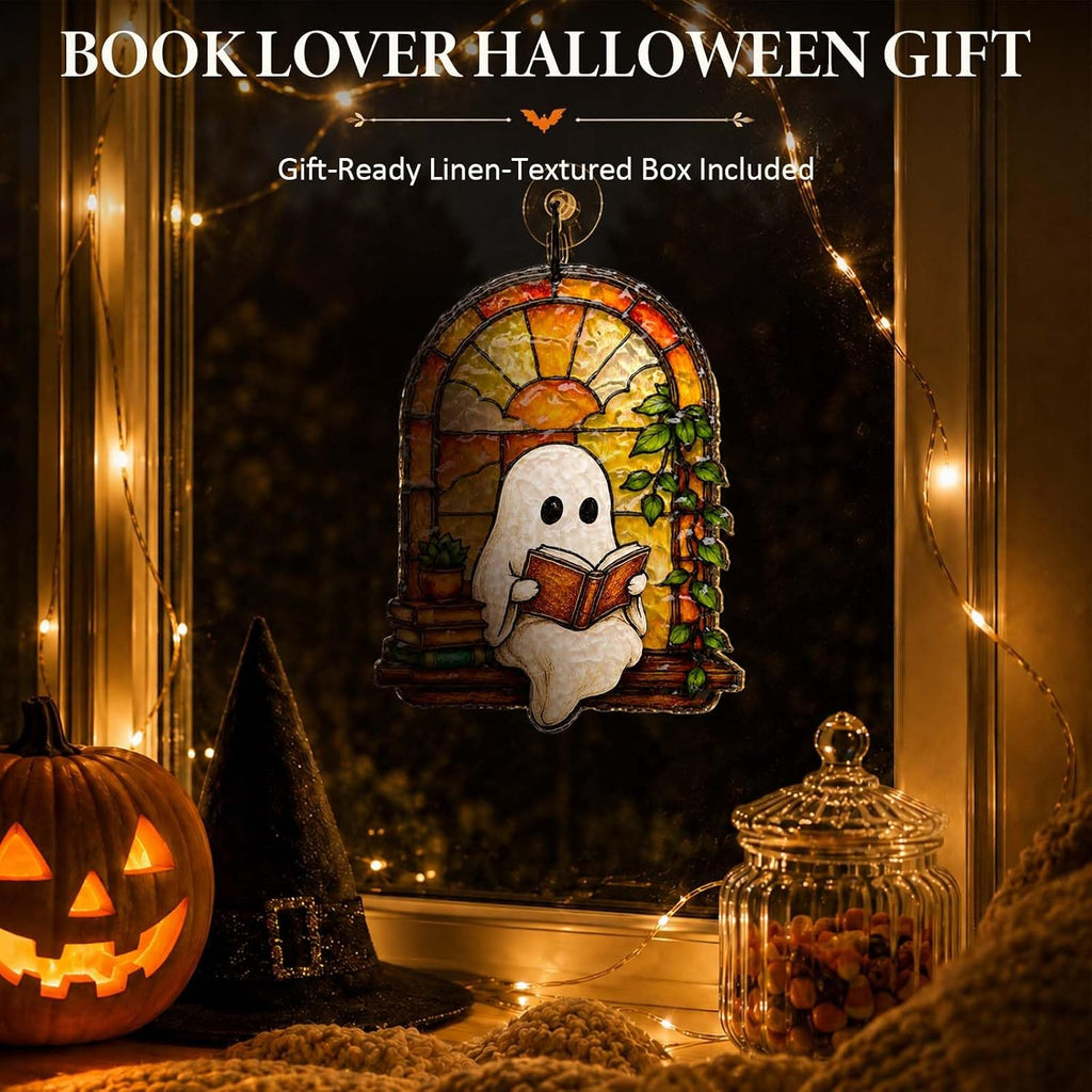 Ghost Reading Book Suncatcher Hanging Decor, Water-Ripple Acrylic Stained Glass Inspired Ornament, Decor for Reading