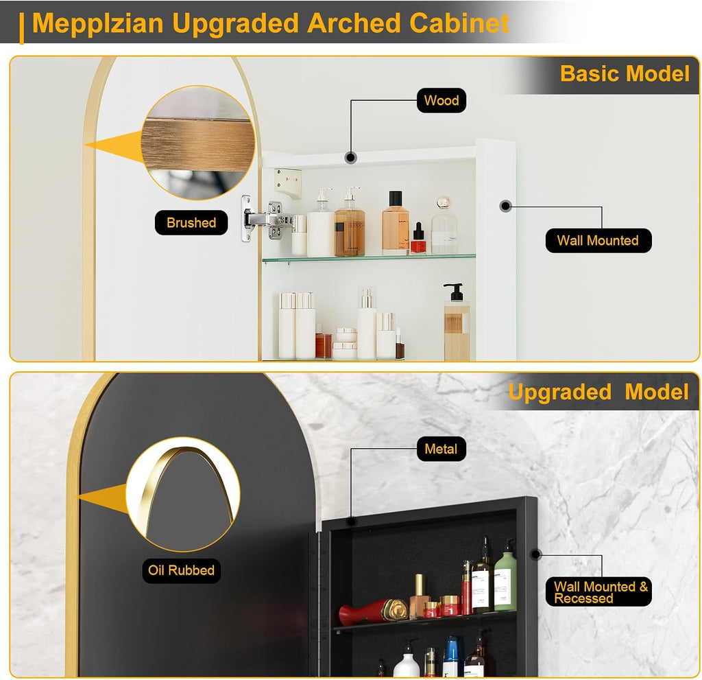 Arched Medicine Cabinet with Mirror,Gold Recessed Medicine Cabinet Mirror | Bathroom Arch Mirror Cabinet,Metal