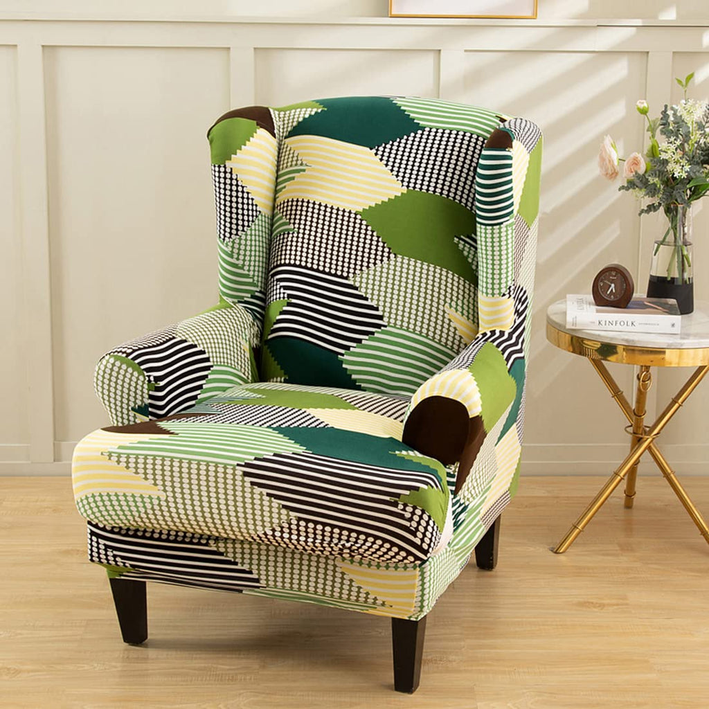 Wing Chair Slipcovers, 2 Piece Print Wingback Chair Cover Stretch Spandex Armchair Covers with Elastic Bottom Bedroom