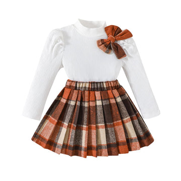 Toddler Girls Plaid Outfits Fall Winter Knit Ribbed Bow Sweatshirt Tops Pleated Skirts Set Holiday Picture Clothes