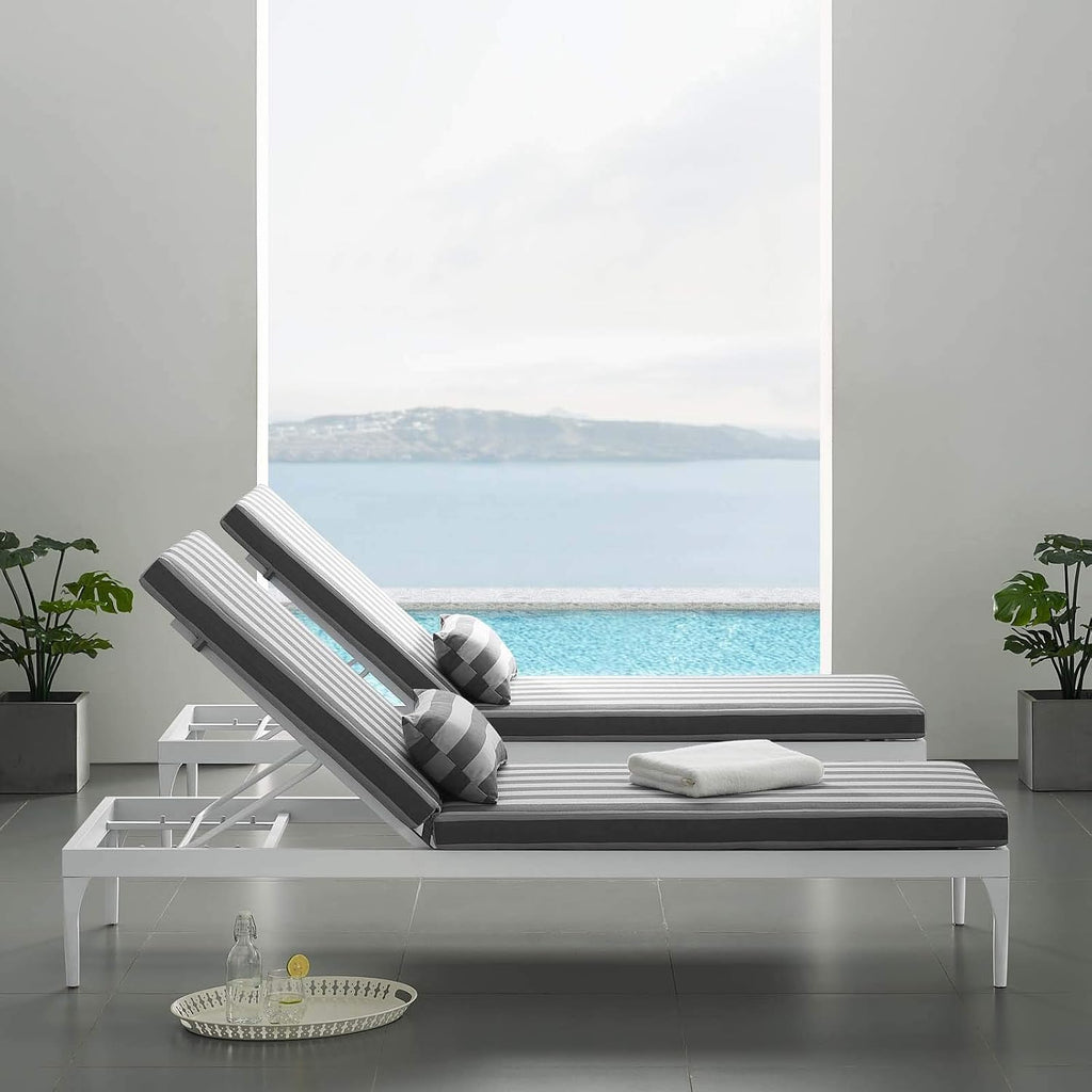 Aluminum Outdoor Patio Chaise with Cushions, Lounge Chair, White Striped Gray