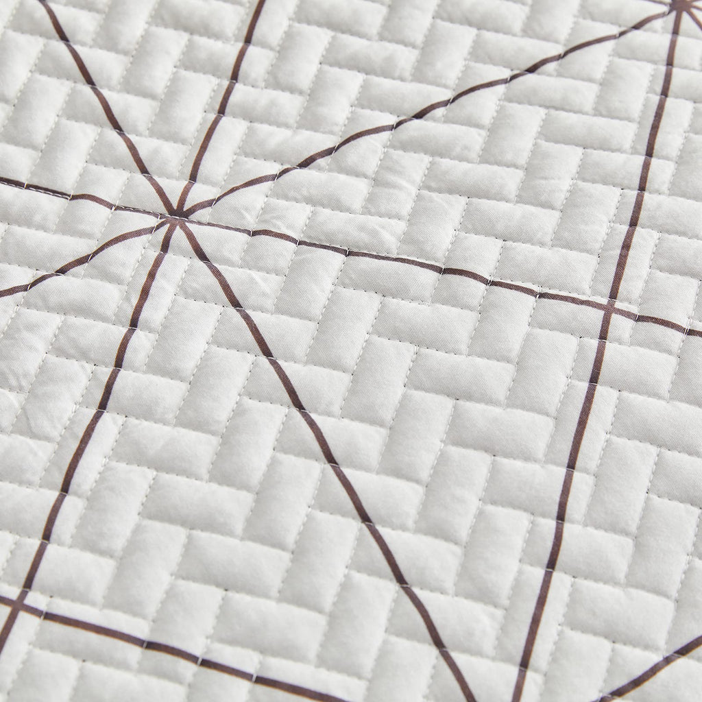 3 Pieces Reversible Quilt Set Plaid White & Brown 102x88 Soft Microfiber Lightweight Coverlet Bedspread