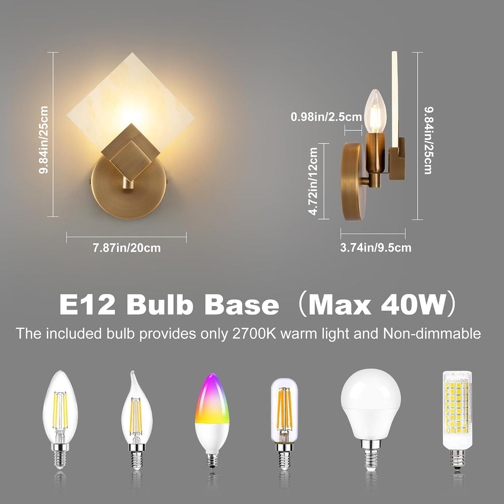 Marble Wall Sconces Set of 2, Natural Marble & Gold Square Wall Sconce Hardwired, Dimmable Wall Light Fixtures