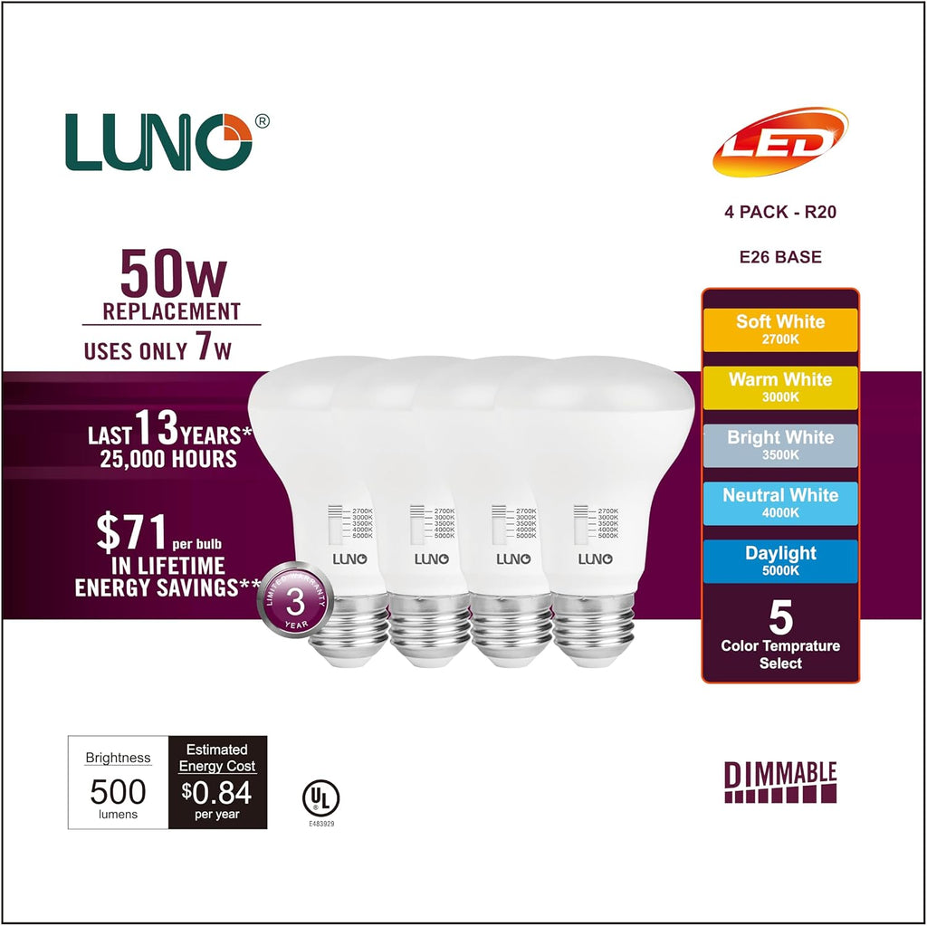 R20 Dimmable LED Bulb, Color Selectable, 7W (50W Equivalent), 500 Lumens, 2700K, 3000K, 3500K, 4000K, 5000K, 5CCT