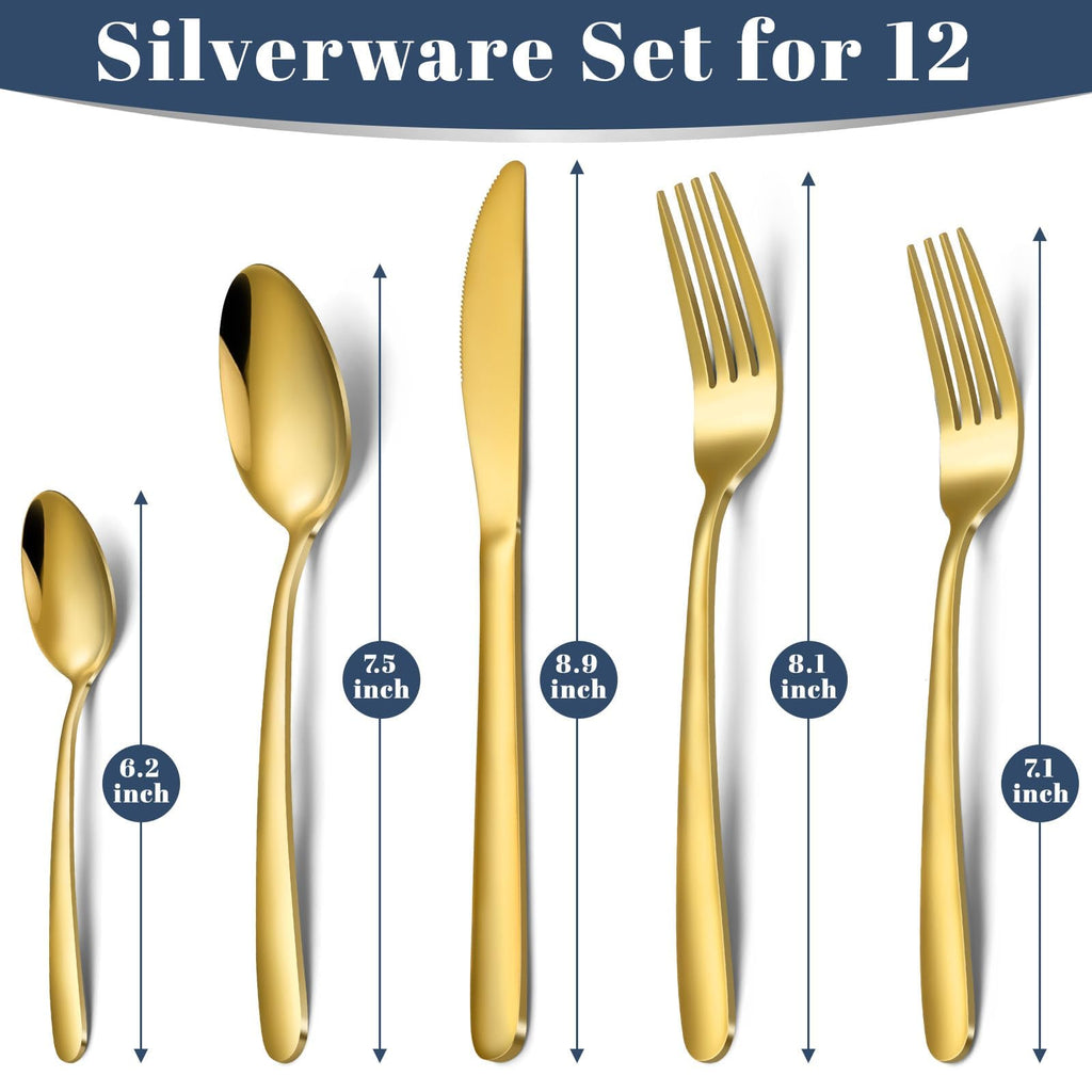 Gold Silverware Set - Stainless Steel Silverware Set for 12, Includes Forks Spoons and Knives, Utensil Sets