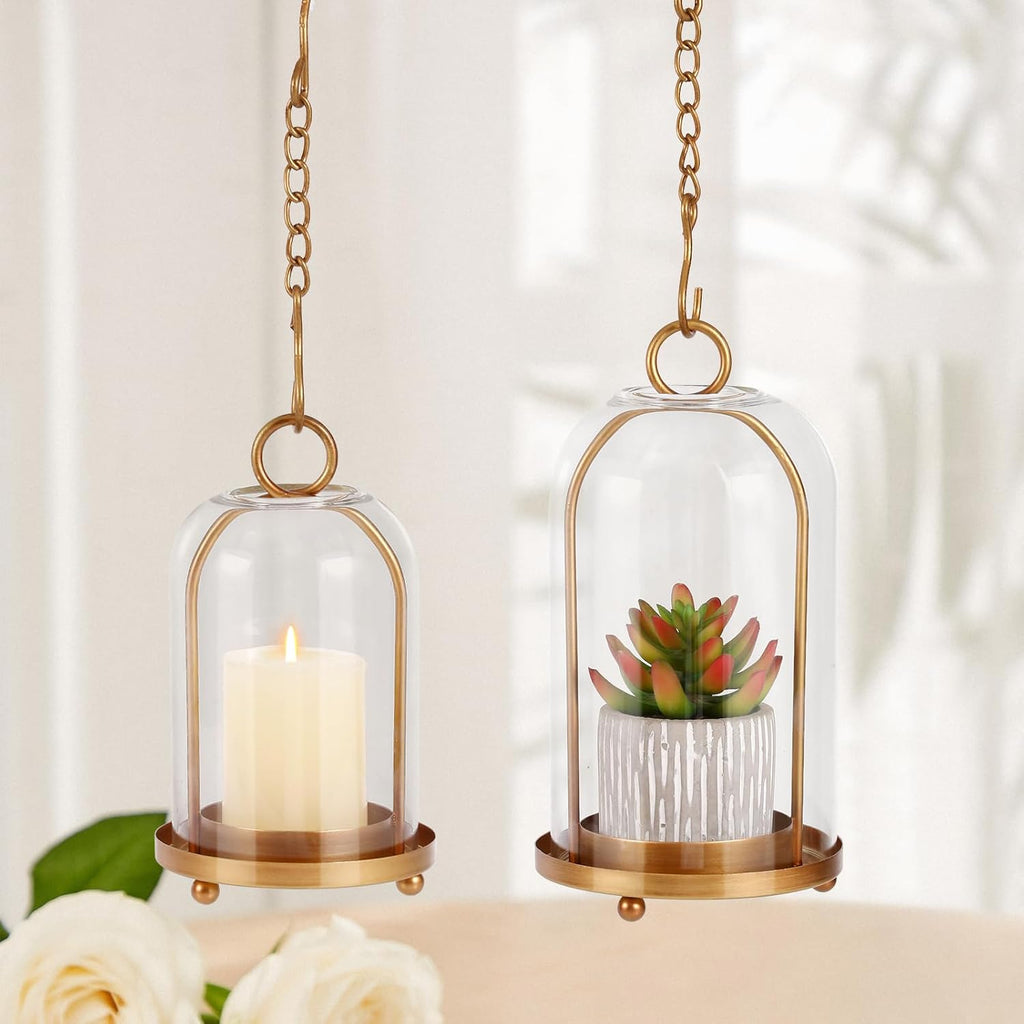 Vintage Brass Metal Candle Lantern with Thick Glass Dome - Set of 2 Shabby Chic Style Candle Holders (5.25"x10" &