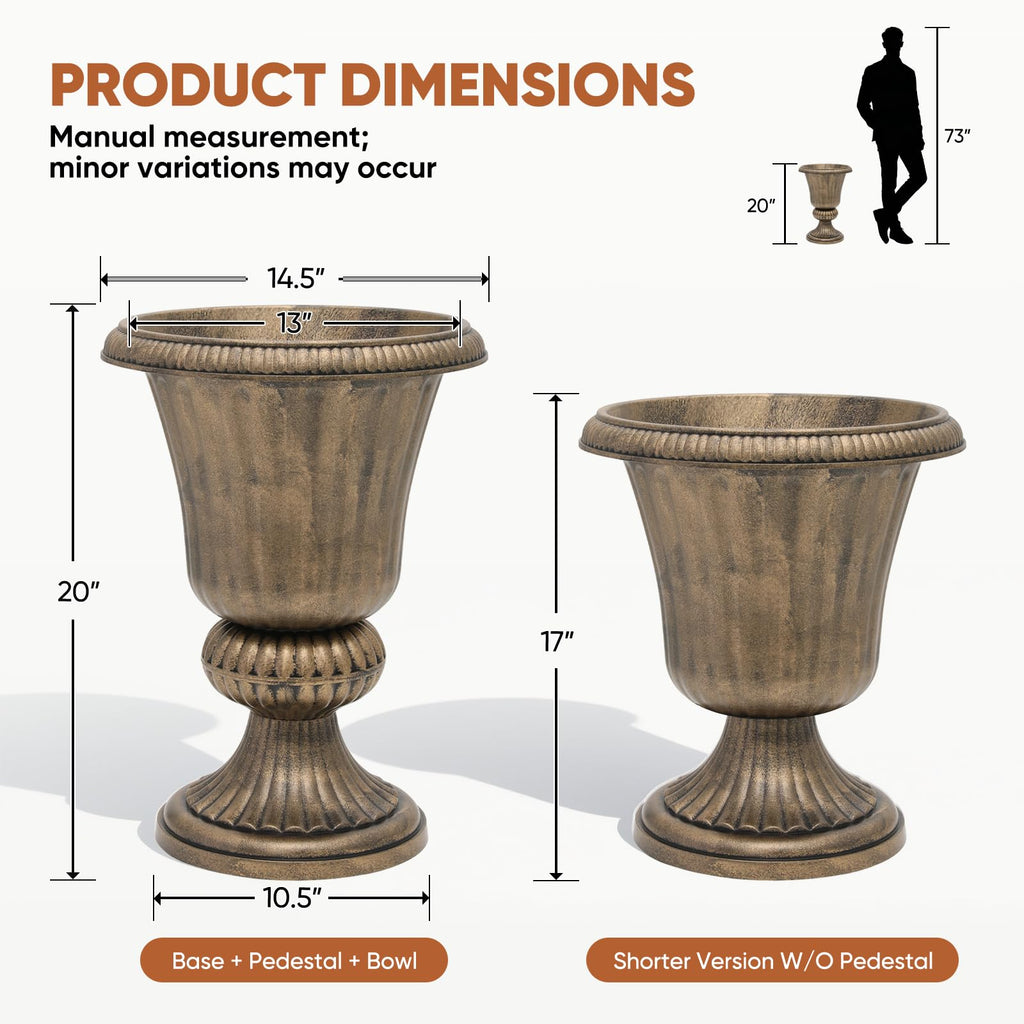20" Tall Urn Planters for Outdoor Plants, 2 Pack, Bronze