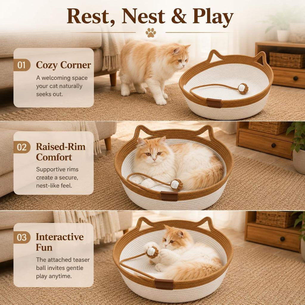 Instinct Basket for Cats, 40cm Handwoven Cat Basket Bed, Cotton Rope Cat Bed with Ear-Shaped Handles & Rope Ball