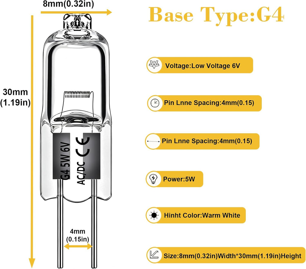 G4 Halogen Bulb 6V 5W-50W Dimmable Low Voltage Bi-Pin JC T3 Clear Capsule for Landscape, Garden & Under Cabinet